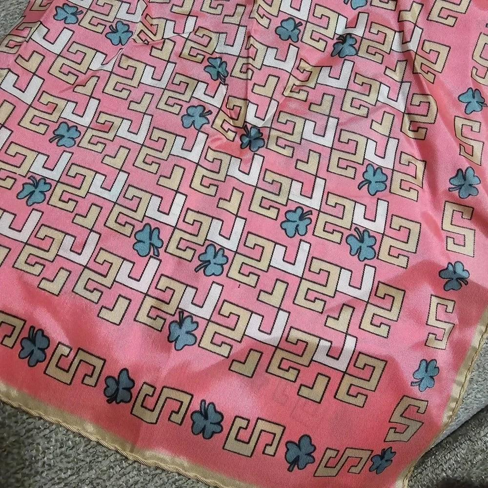 Vintage Pink With Patten 100% Acetate With Clovers Hand Rolled. Scarf 23x23